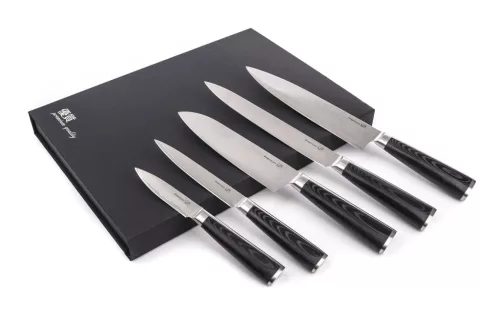 Set de cuțite G21 Gourmet Premium 5 bucăți în suport de cuțite din bambus + piatră de ascuțit