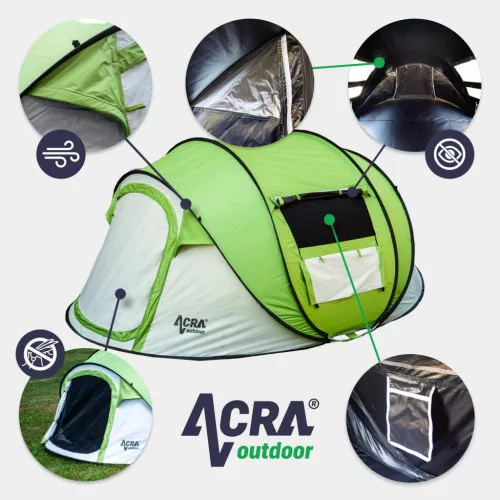 Acra Outdoor ST30 összecsukható sátor 2-3 személyre - zöld sötétítővel