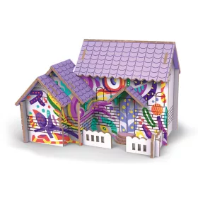 Puzzle 3D casă din lemn cu vopsele 2v1