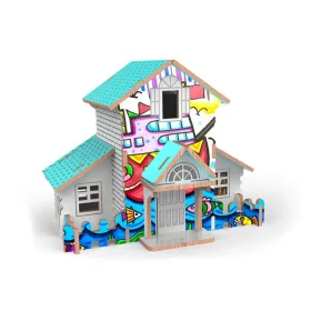 Puzzle 3D casă din lemn cu vopsele 2v1