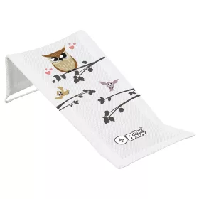   Babytrage aus Stoff für die Badewanne, weiß, mit dem Aufdruck „Wise Owl“.
