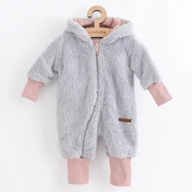 Luxuriöser Baby-Winteroverall, neu, Teddybär, grau-rosa