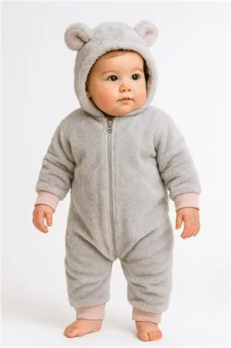 Luxuriöser Baby-Winteroverall, neu, Teddybär, grau-rosa
