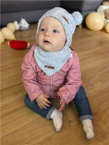 Wintermütze und Schal für Babys, neuer Baby-Teddybär, grau-rosa