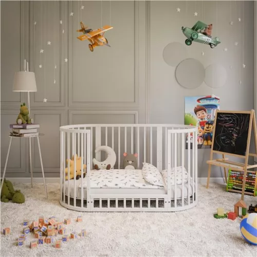 Mitwachsendes 3-in-1-Kinderbett (oval) + Matratze, Neu, Weiß