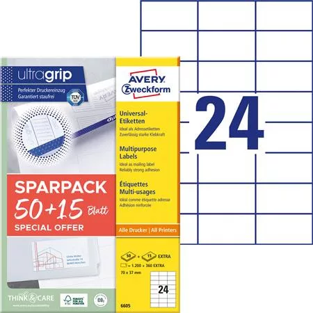Etikett, univerzális, 70x37 mm, AVERY ZWECKFORM, "Sparpack", 1560 etikett/csomag