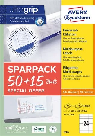 Etikett, univerzális, 70x37 mm, AVERY ZWECKFORM, "Sparpack", 1560 etikett/csomag