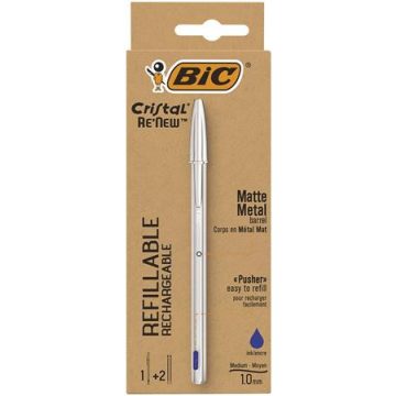   Golyóstoll 0,32 mm, kupakos, matt ezüst színű tolltest, BIC "Cristal Re'New", kék + betét