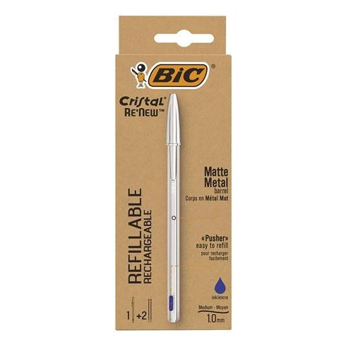 Golyóstoll 0,32 mm, kupakos, matt ezüst színű tolltest, BIC "Cristal Re'New", kék + betét