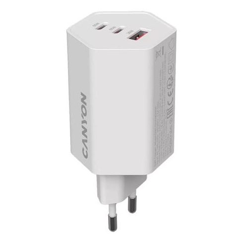 Hálózati töltő, 1xUSB-A, 2xUSB-C, 65W, CANYON "Hexagon 65", fehér