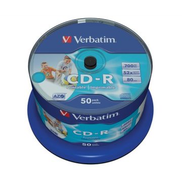   CD-R lemez, nyomtatható, matt, no-ID, AZO, 700MB, 52x, 50 db, hengeren, VERBATIM