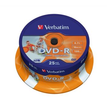   DVD-R lemez, nyomtatható, matt, ID, 4,7GB, 16x, 25 db, hengeren, VERBATIM