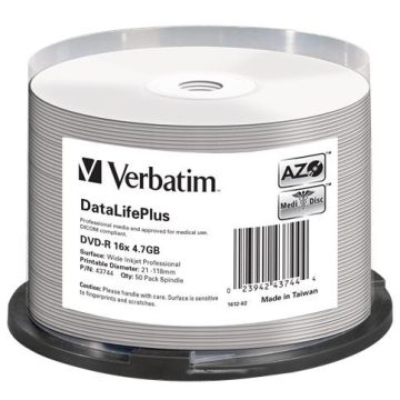   DVD-R lemez, nyomtatható, matt, no-ID, 4,7GB, 16x, 50 db, hengeren, VERBATIM
