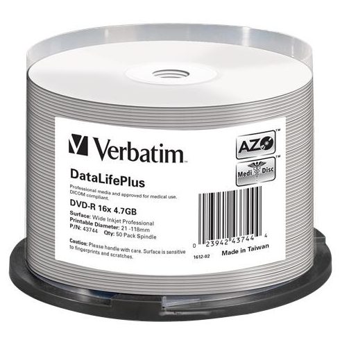 DVD-R lemez, nyomtatható, matt, no-ID, 4,7GB, 16x, 50 db, hengeren, VERBATIM