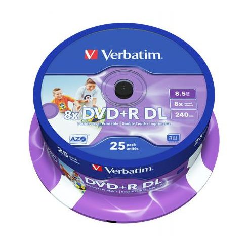 DVD+R lemez, kétrétegű, nyomtatható, no-ID, 8,5GB, 8x, 25 db, hengeren, VERBATIM "Double Layer"