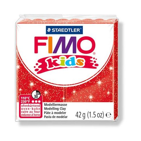 Gyurma, 42 g, égethető, FIMO "Kids", glitteres piros