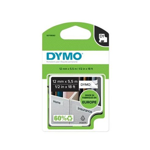 Feliratozógép szalag, tartós poliészter 12 mm x 5,5 m, DYMO "D1", fehér-fekete