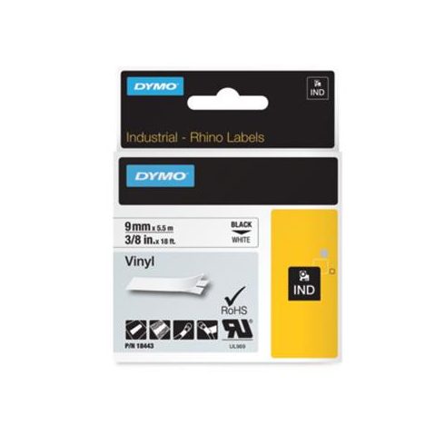 Feliratozógép szalag, vinil, 9 mm x 5,5 m, DYMO "Rhino", fehér-fekete
