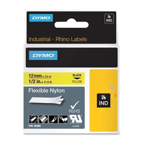 Feliratozógép szalag, flexibilis ID, 12 mm x 3,5 m, DYMO "Rhino", sárga-fekete