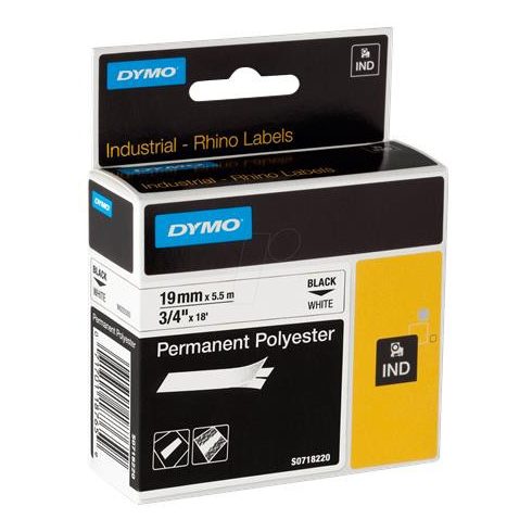 Feliratozógép szalag, tartós poliészter, 19 mm x 5,5 m, DYMO "Rhino", fehér-fekete
