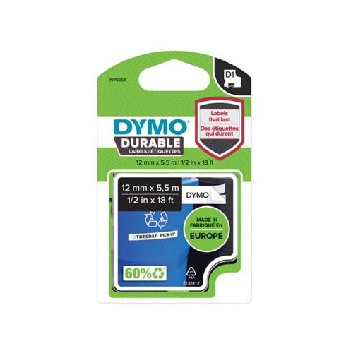 Feliratozógép szalag, 12 mm x 5,5 m, tartós, DYMO "D1", fehér-fekete