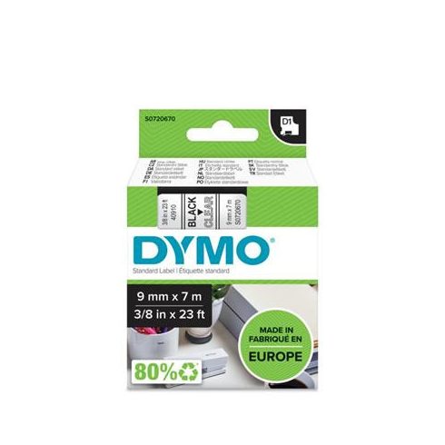 Feliratozógép szalag, 9 mm x 7 m, DYMO "D1", víztiszta-fekete