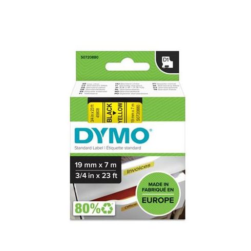 Feliratozógép szalag, 19 mm x 7 m, DYMO "D1", sárga-fekete