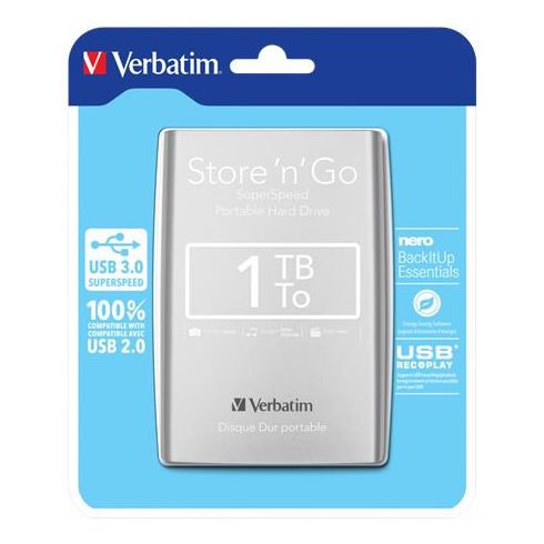 2,5" HDD (merevlemez), 1TB, USB 3.0, VERBATIM, ezüst