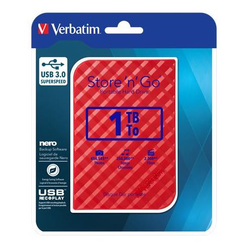 2,5" HDD (merevlemez), 1TB, USB 3.0, VERBATIM "Store n Go", piros