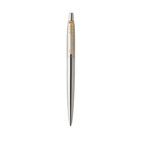 Golyóstoll, 0,7 mm, nyomógombos, arany színű klip, rozsdam. acél tolltest, PARKER "Royal Jotter", kék