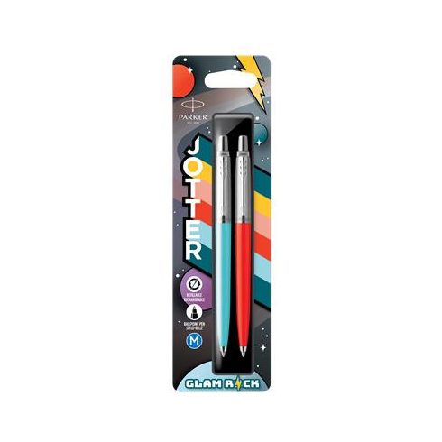 Golyóstoll szett, 0,7 mm, ezüst színű klip, piros és kék tolltest, PARKER "Jotter Glam Rock", kék
