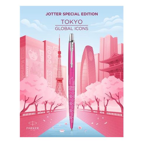 Golyóstoll, 0,7 mm, ezüst színű klip, mintás tolltest, PARKER, "Royal Jotter Tokyo", kék