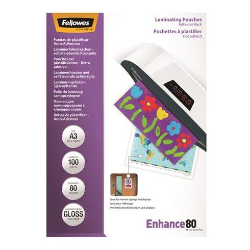 Meleglamináló fólia, 80 mikron, A3, fényes, öntapadó, 100 db, FELLOWES