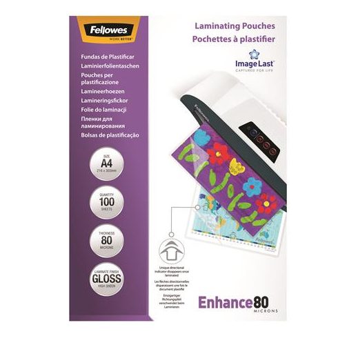 Meleglamináló fólia, 80 mikron, A4, fényes, 100 db, FELLOWES