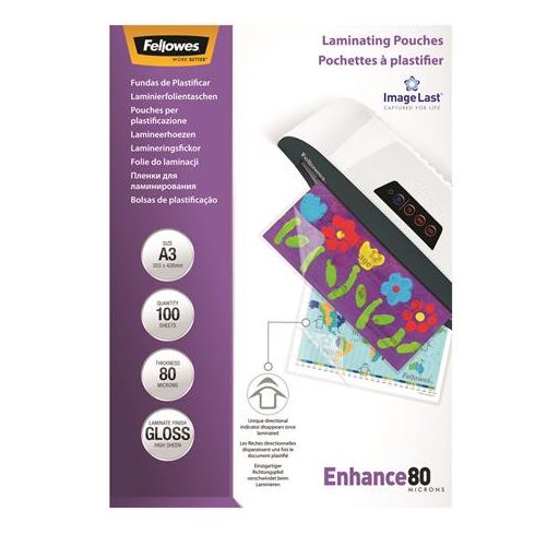 Meleglamináló fólia, 80 mikron, A3, fényes, 100 db, FELLOWES