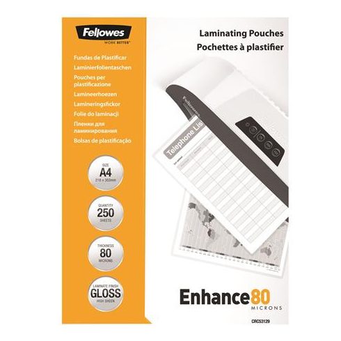 Meleglamináló fólia, 80 mikron, A4, fényes, 250 db, FELLOWES