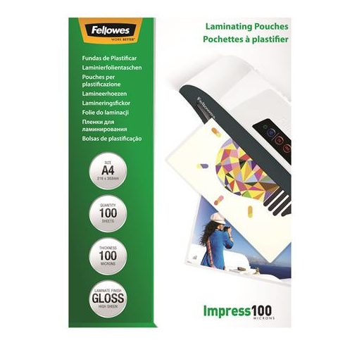 Meleglamináló fólia, 100 mikron, A4, fényes, 100 db, FELLOWES