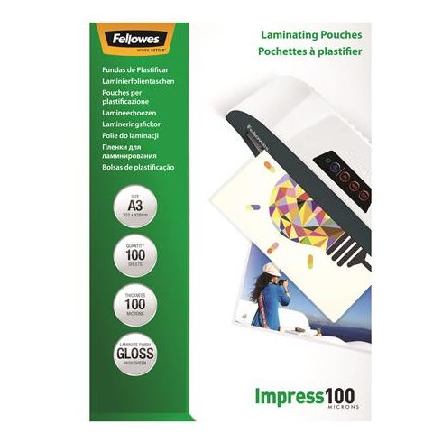 Meleglamináló fólia, 100 mikron, A3, fényes, 100 db, FELLOWES