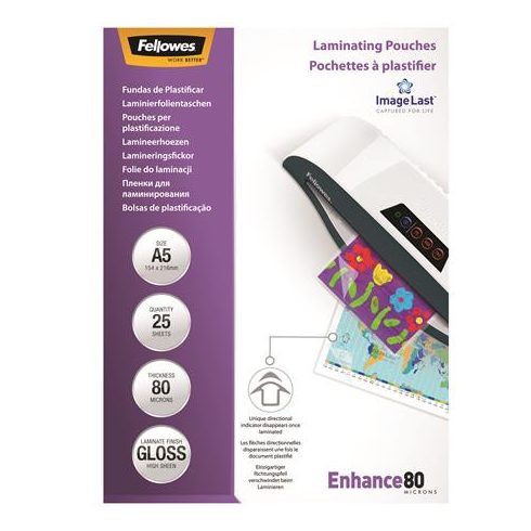 Meleglamináló fólia, 80 mikron, A5, fényes, 25 db, FELLOWES