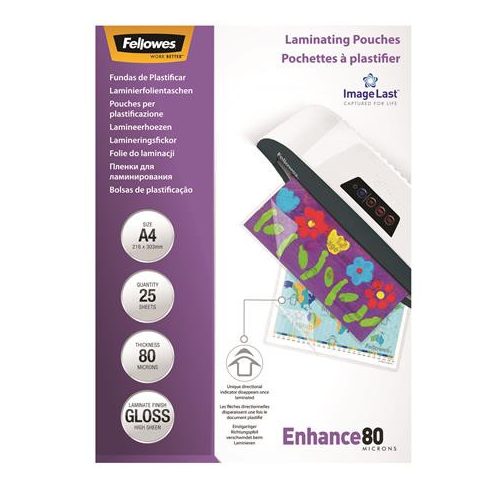 Meleglamináló fólia, 80 mikron, A4, fényes, 25 db, FELLOWES