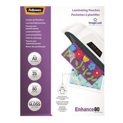 Meleglamináló fólia, 80 mikron, A3, fényes, 25 db, FELLOWES