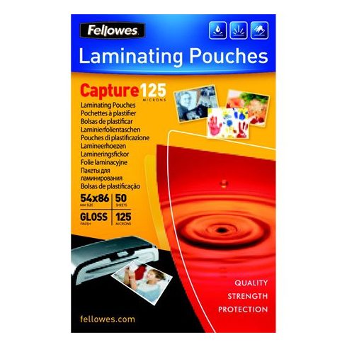 Meleglamináló fólia, 125 mikron, 54x86 mm, fényes, 50 db, FELLOWES