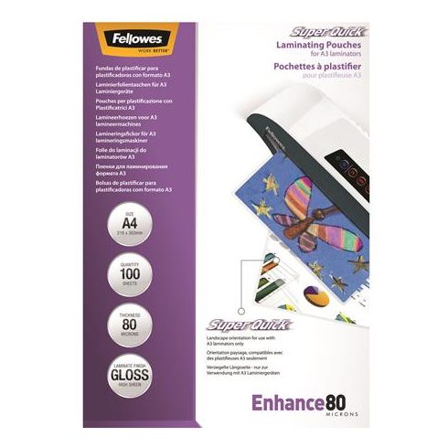 Meleglamináló fólia, 80 mikron, A4, SuperQuick, fényes, 100 db, FELLOWES