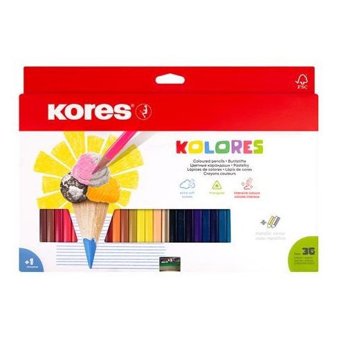 Színes ceruza készlet, háromszögletű, KORES "Triangular", 36 különböző szín