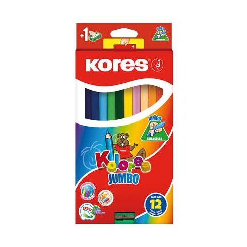 Színes ceruza készlet, háromszögletű, vastag, KORES "Jumbo", 12 különböző szín