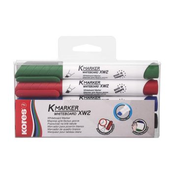   Tábla- és flipchart marker készlet, 3-5 mm, vágott, KORES "K-Marker XW2", 4 különböző szín