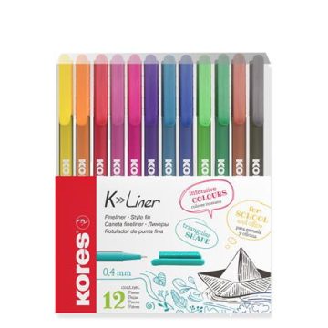   Tűfilc készlet, 0,4 mm, KORES "K-Liner", 12 különböző szín