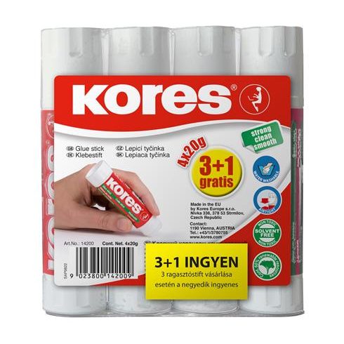 Ragasztóstift, 20 g, 3+1 akciós kiszerelés, KORES