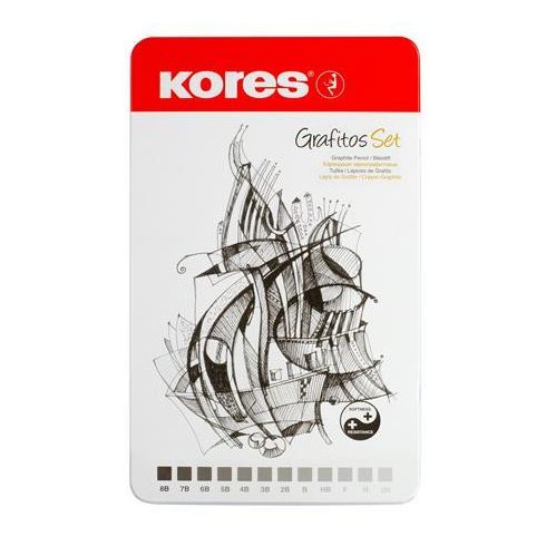 Grafitceruza készlet, fém doboz, háromszögletű, KORES "GRAFITOS", 12 különböző keménység