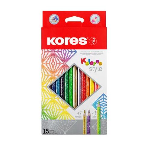 Színes ceruza készlet, háromszögletű, KORES "Kolores Style", 15 különböző szín